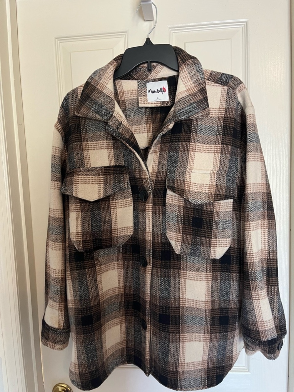 Plaid Button-Front Shacket in Cream, Brown & Black womens